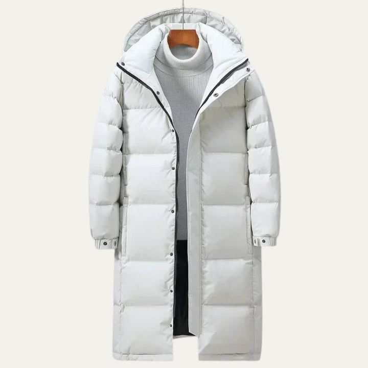 Longline Hooded Puffer Coat with Snap Placket