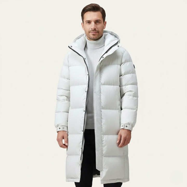 Longline Hooded Puffer Coat with Snap Placket