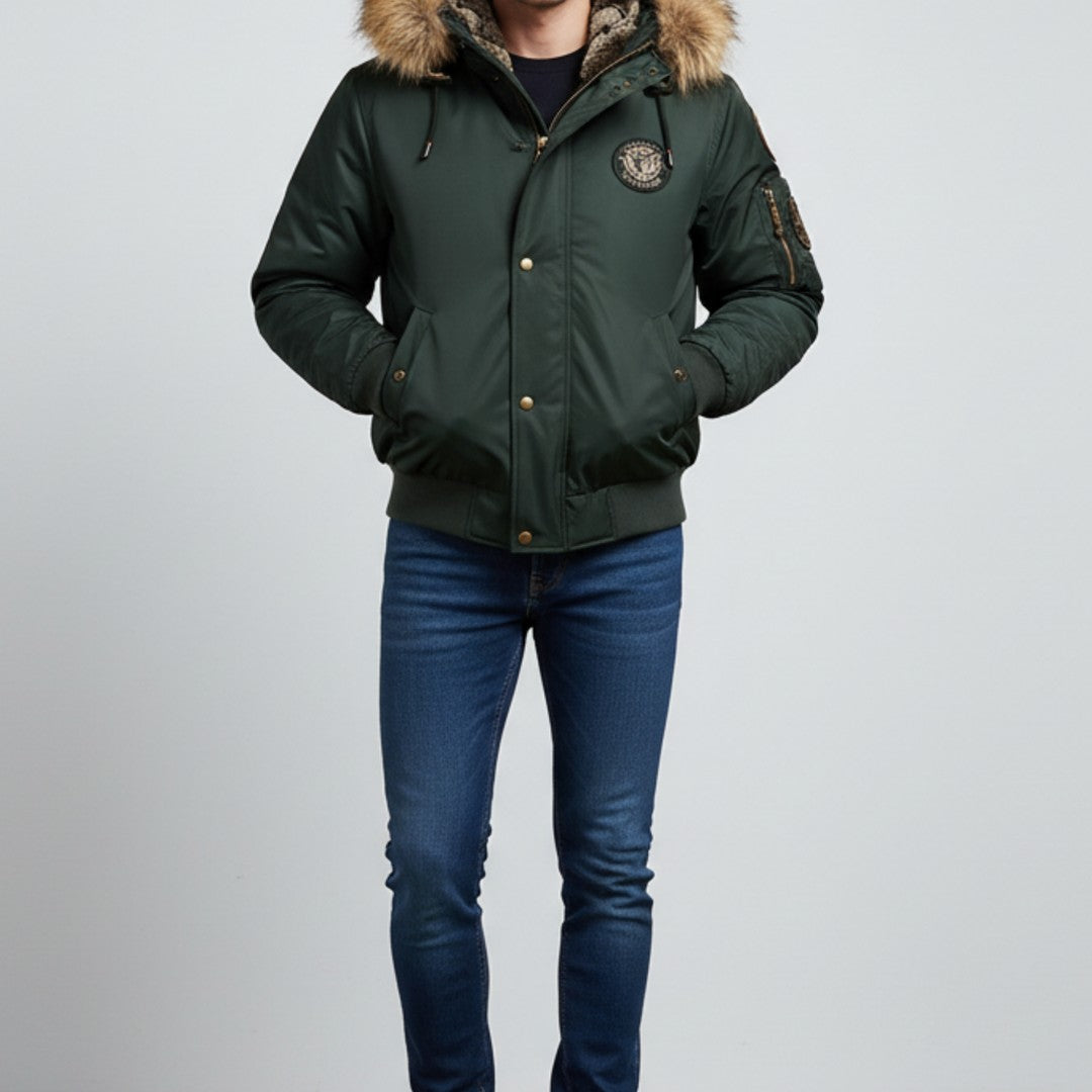 Men’s Quilted Bomber Jacket with Faux Fur Hood