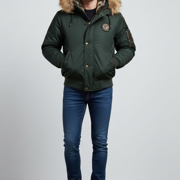 Men’s Quilted Bomber Jacket with Faux Fur Hood