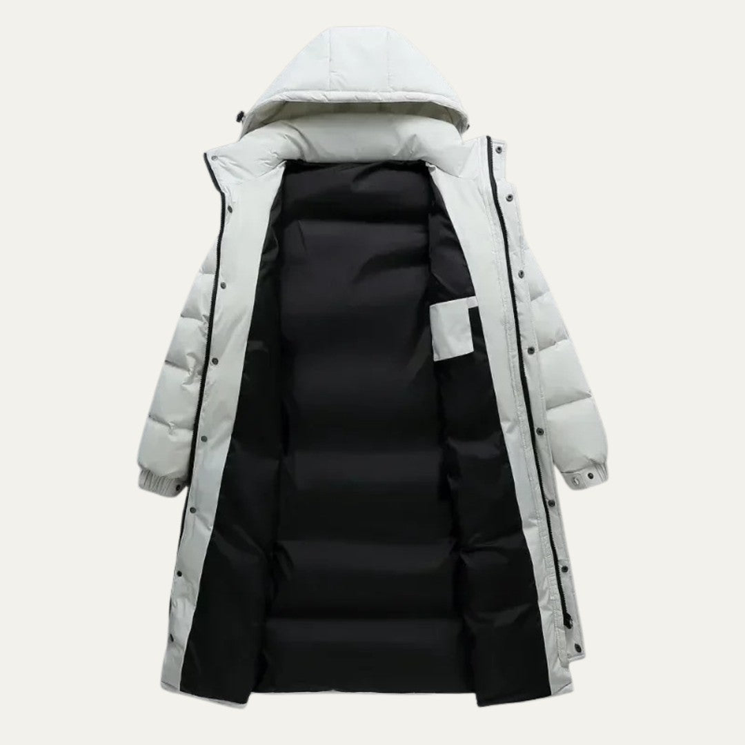 Longline Hooded Puffer Coat with Snap Placket