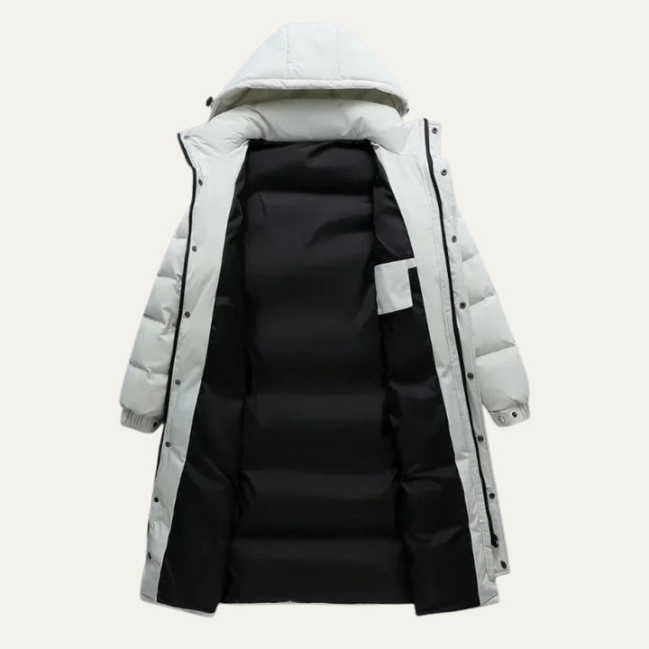 Longline Hooded Puffer Coat with Snap Placket