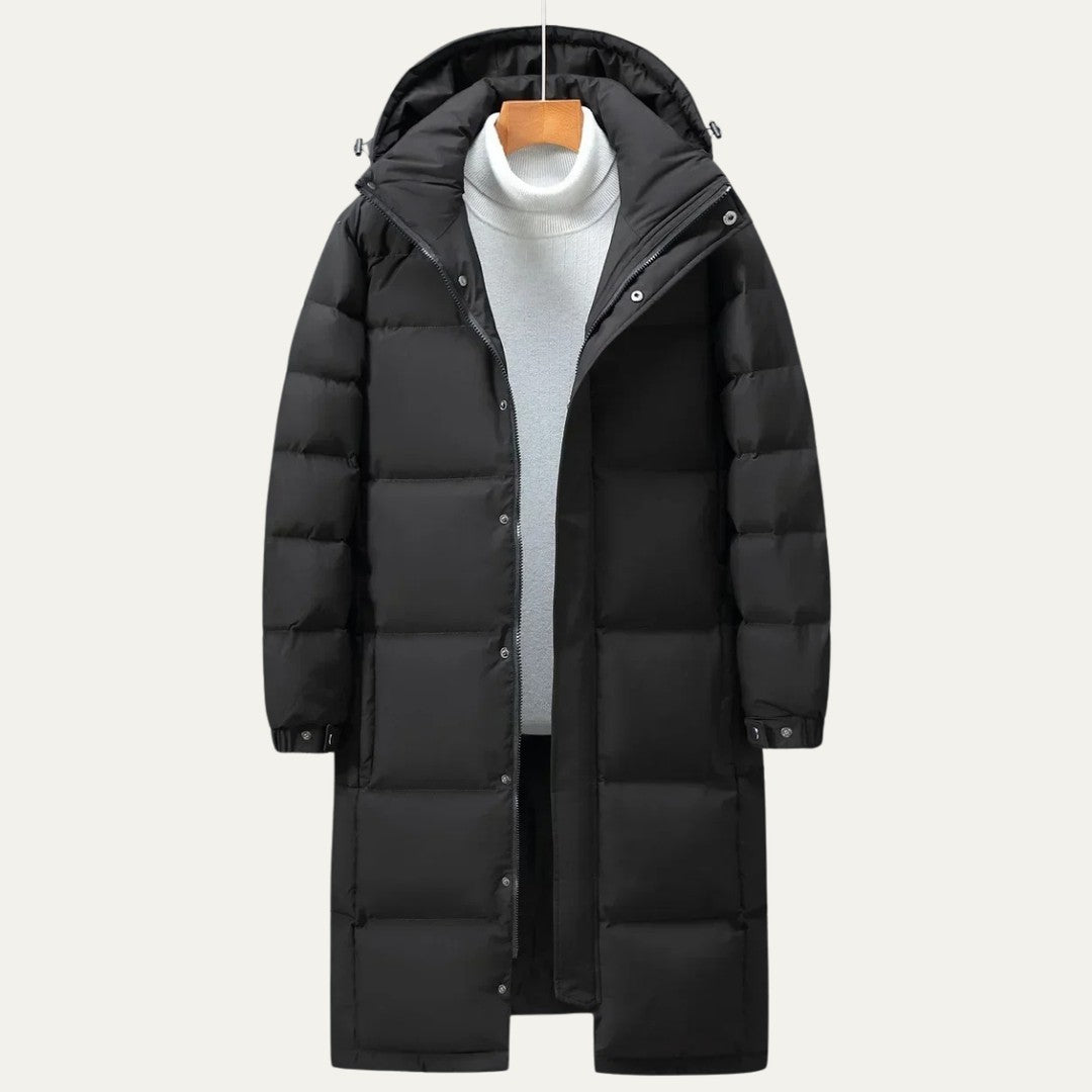 Longline Hooded Puffer Coat with Snap Placket