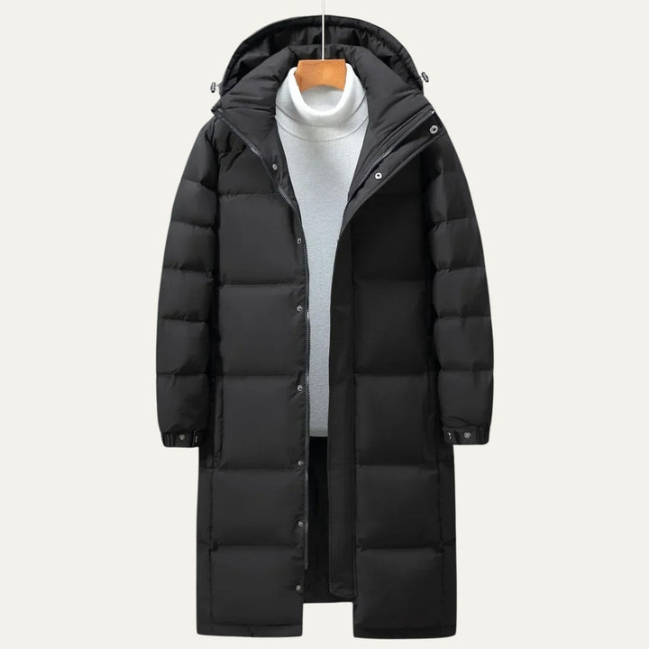 Longline Hooded Puffer Coat with Snap Placket