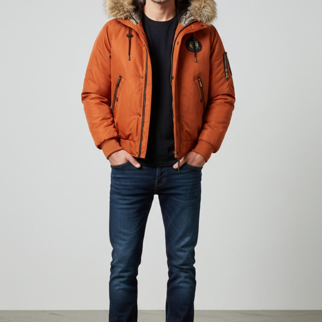 Men’s Quilted Bomber Jacket with Faux Fur Hood