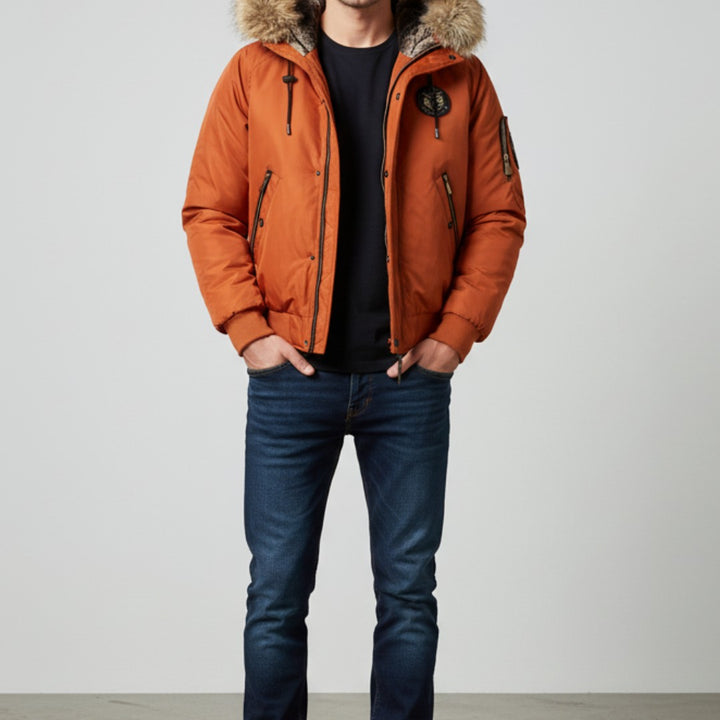 Men’s Quilted Bomber Jacket with Faux Fur Hood