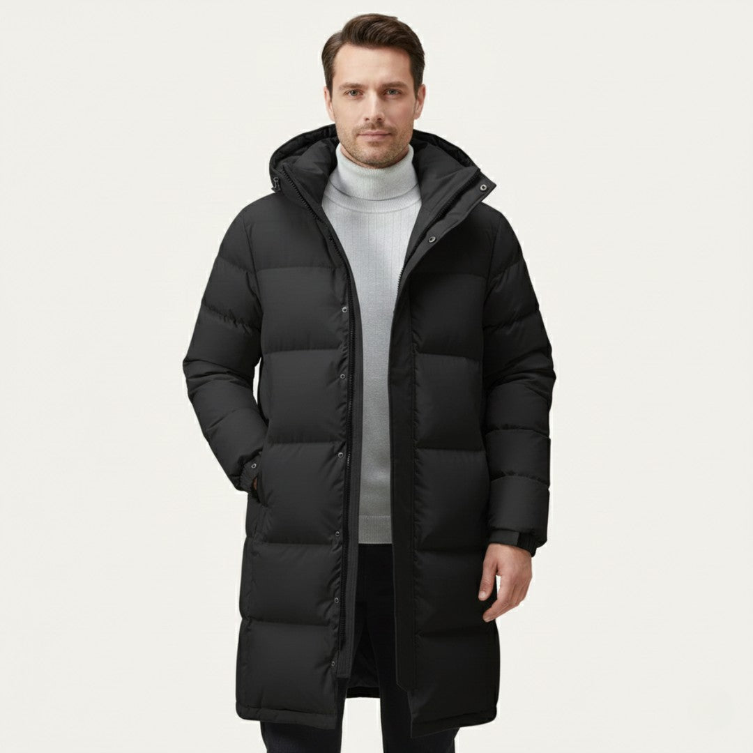 Longline Hooded Puffer Coat with Snap Placket