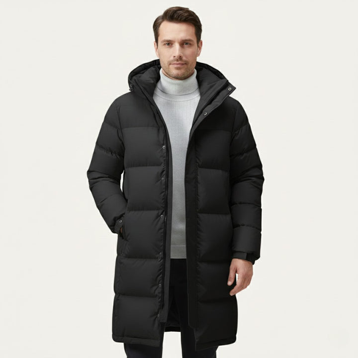 Longline Hooded Puffer Coat with Snap Placket
