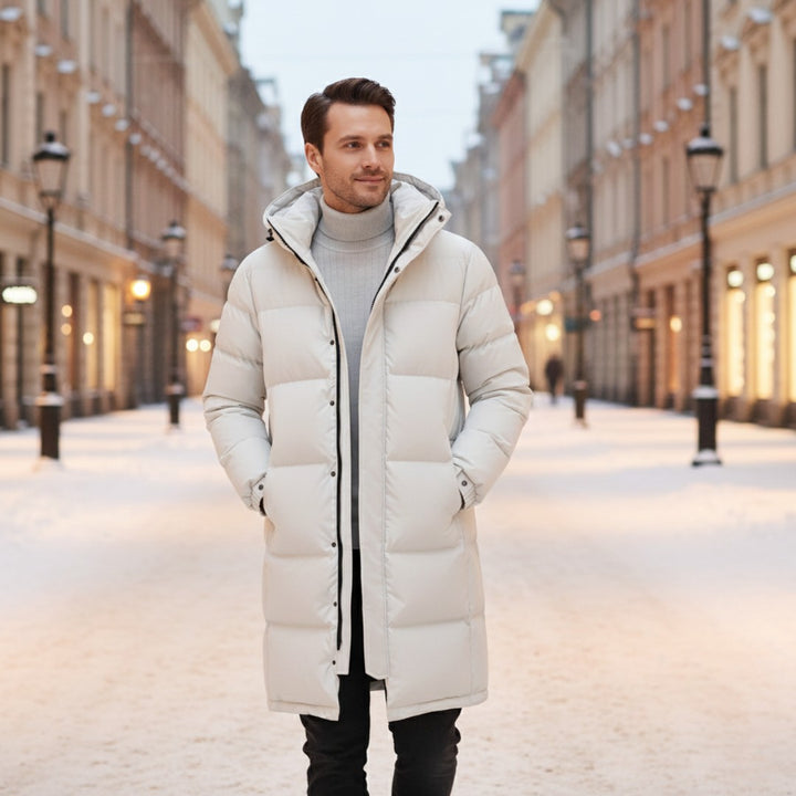 Longline Hooded Puffer Coat with Snap Placket