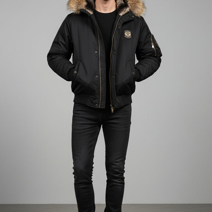Men’s Quilted Bomber Jacket with Faux Fur Hood