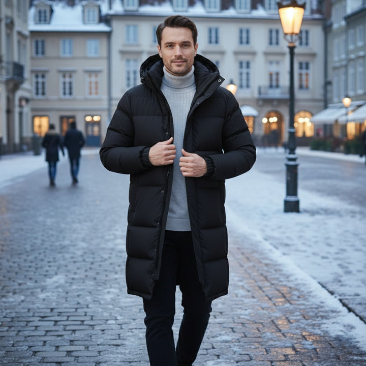 Longline Hooded Puffer Coat with Snap Placket