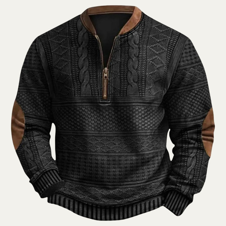 Patterned Half-Zip Sweater with Contrast Collar Trim