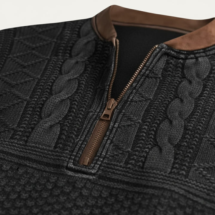 Patterned Half-Zip Sweater with Contrast Collar Trim