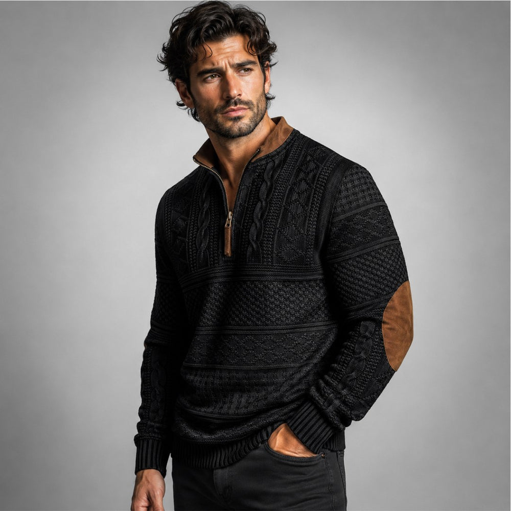 Patterned Half-Zip Sweater with Contrast Collar Trim