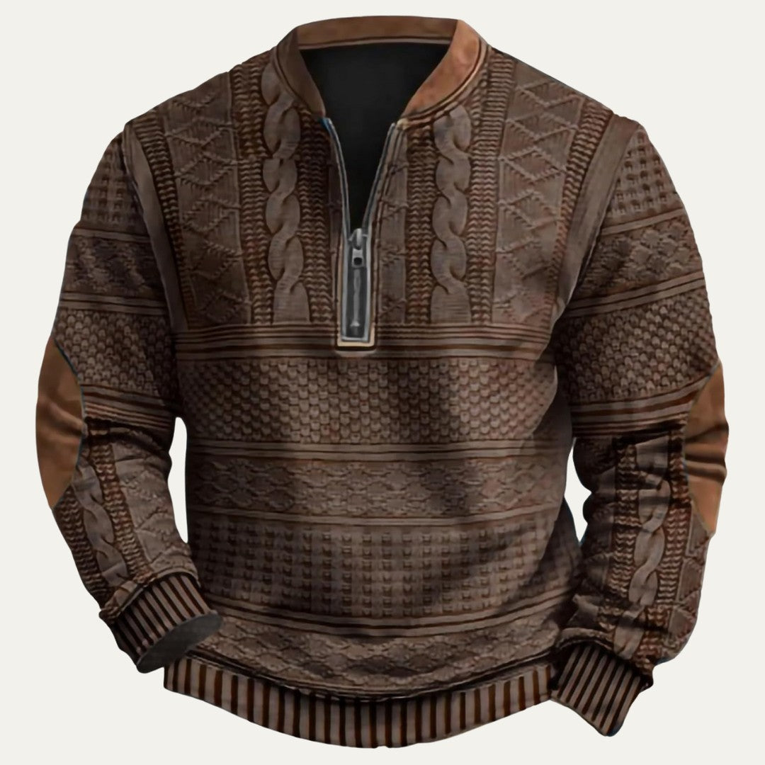 Patterned Half-Zip Sweater with Contrast Collar Trim