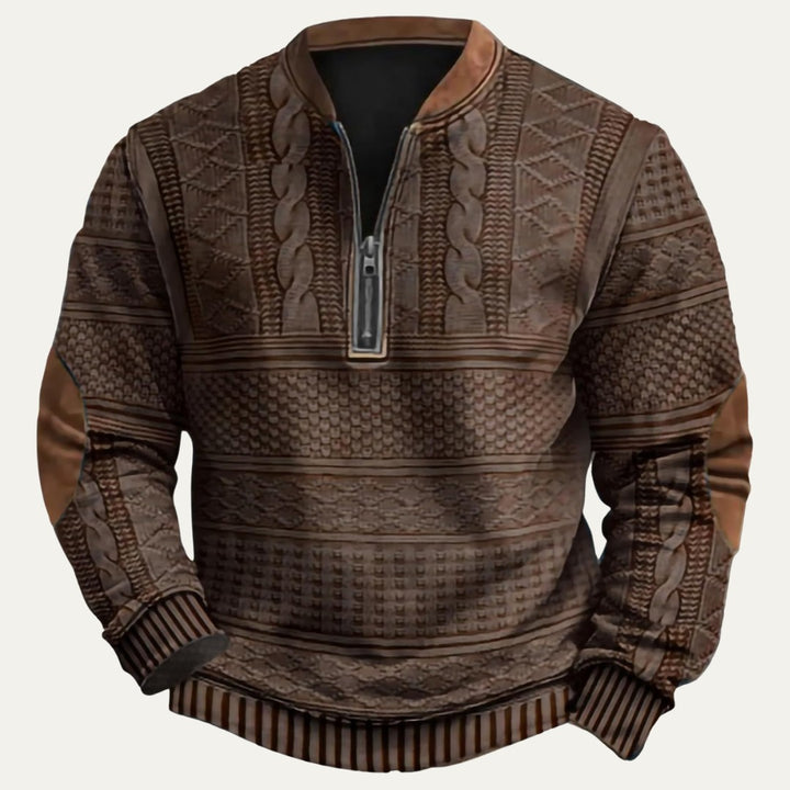 Patterned Half-Zip Sweater with Contrast Collar Trim