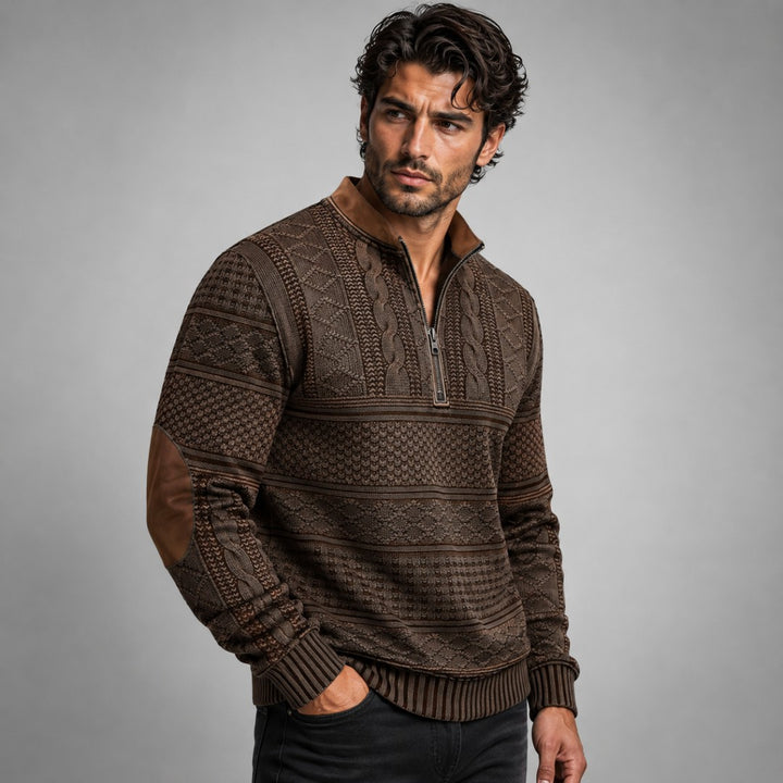 Patterned Half-Zip Sweater with Contrast Collar Trim