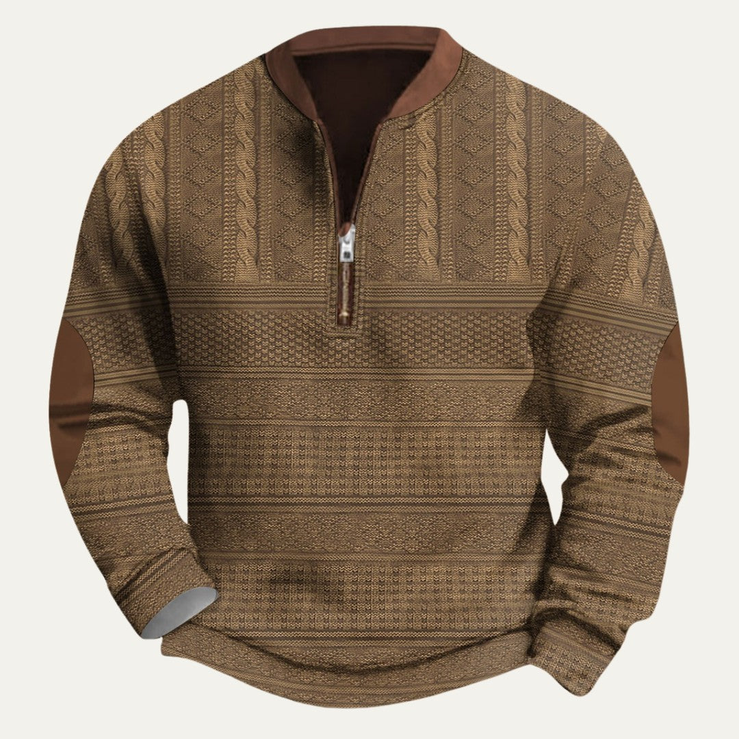 Patterned Half-Zip Sweater with Contrast Collar Trim