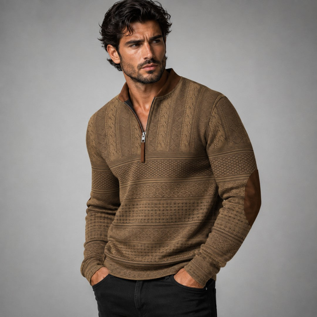 Patterned Half-Zip Sweater with Contrast Collar Trim