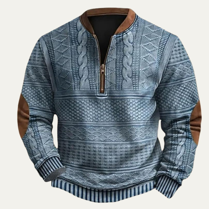 Patterned Half-Zip Sweater with Contrast Collar Trim