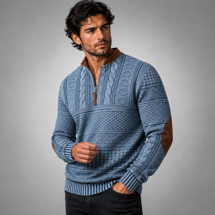 Patterned Half-Zip Sweater with Contrast Collar Trim