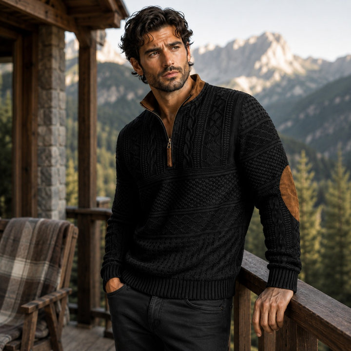 Patterned Half-Zip Sweater with Contrast Collar Trim
