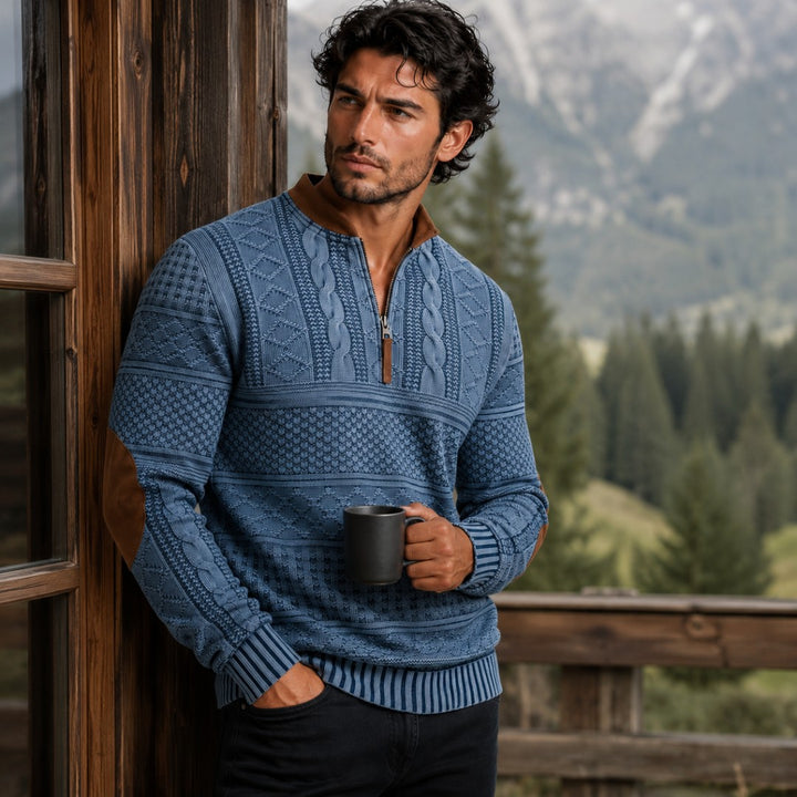 Patterned Half-Zip Sweater with Contrast Collar Trim