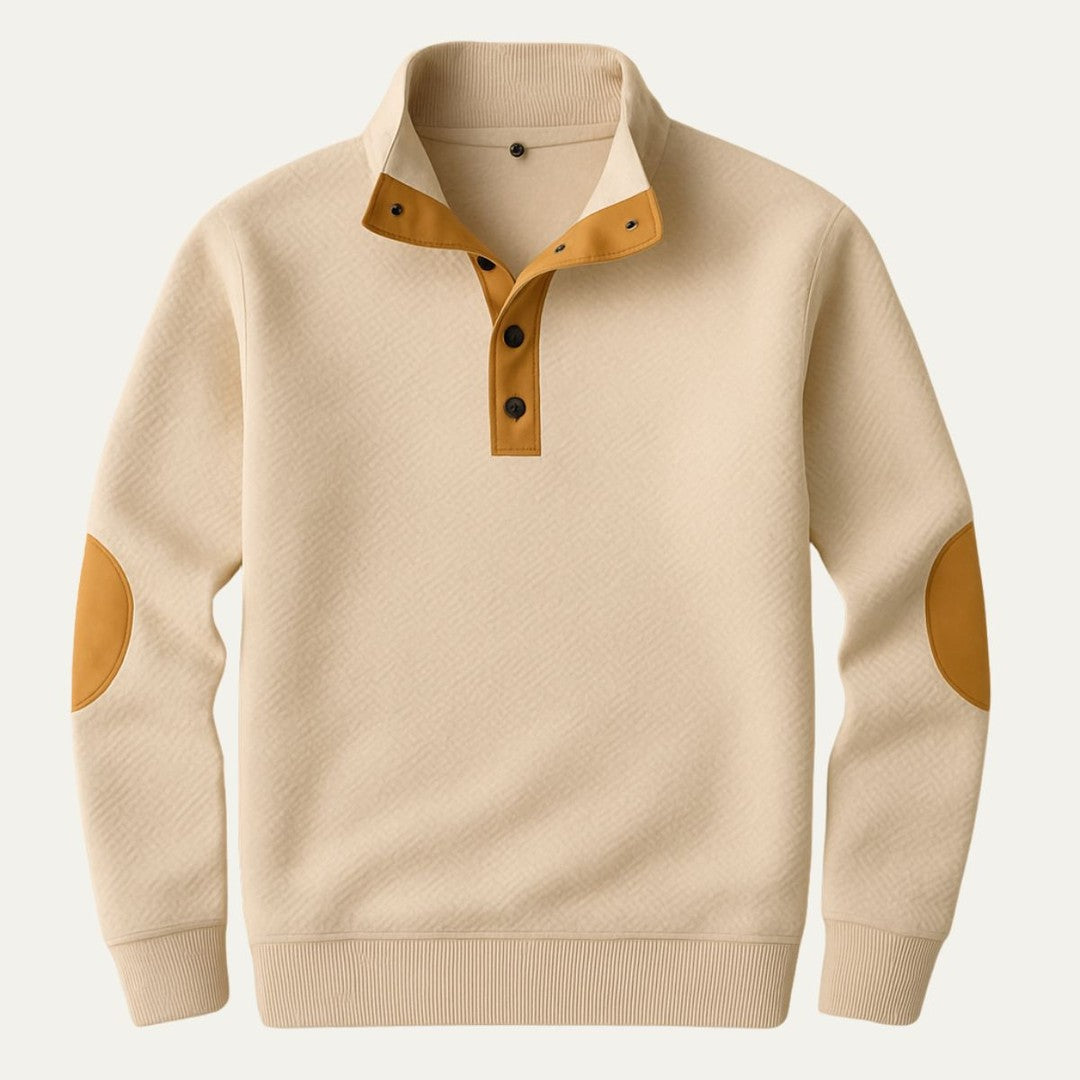 Stand Collar Button-Placket Sweater with Contrast Elbow Patches