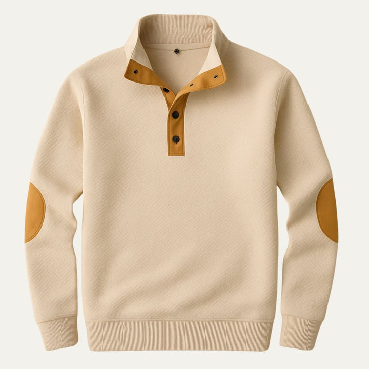 Stand Collar Button-Placket Sweater with Contrast Elbow Patches