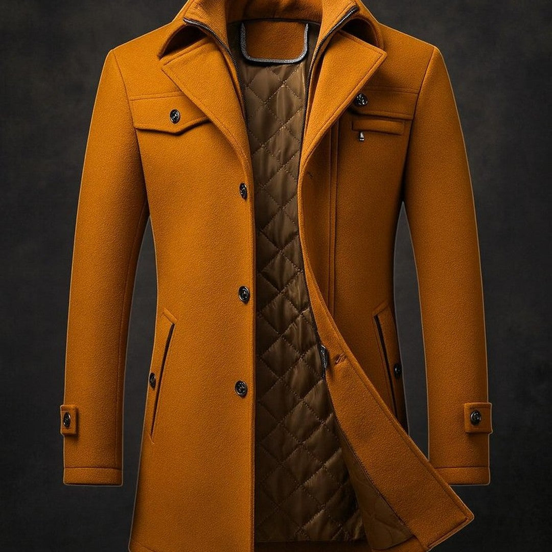 Mens Wool Coat Double-Collar Quilted-Lined Overcoat