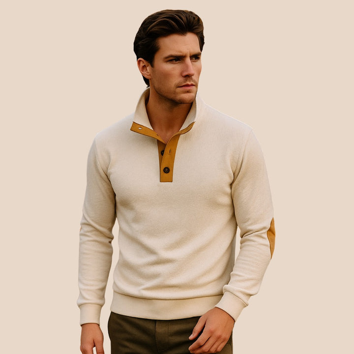 Stand Collar Button-Placket Sweater with Contrast Elbow Patches