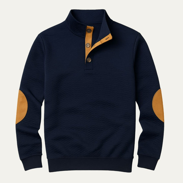 Stand Collar Button-Placket Sweater with Contrast Elbow Patches
