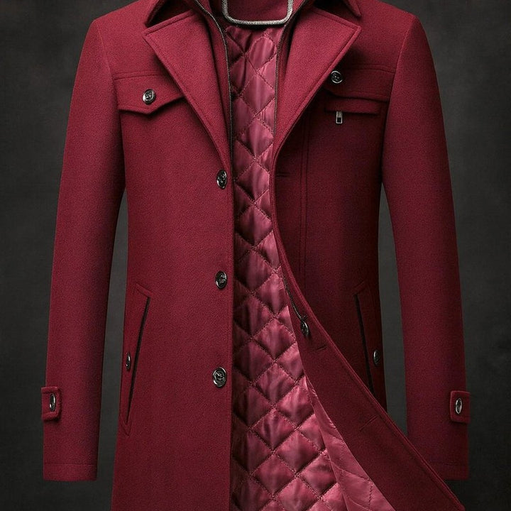 Mens Wool Coat Double-Collar Quilted-Lined Overcoat