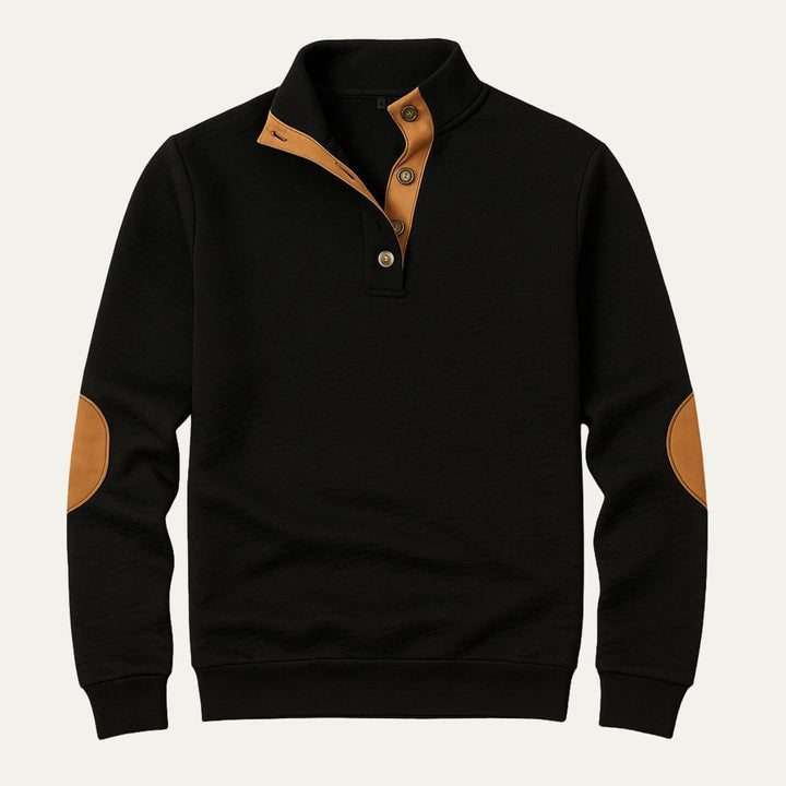 Stand Collar Button-Placket Sweater with Contrast Elbow Patches