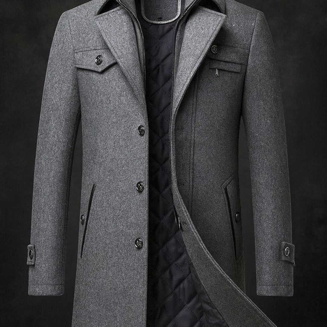Mens Wool Coat Double-Collar Quilted-Lined Overcoat