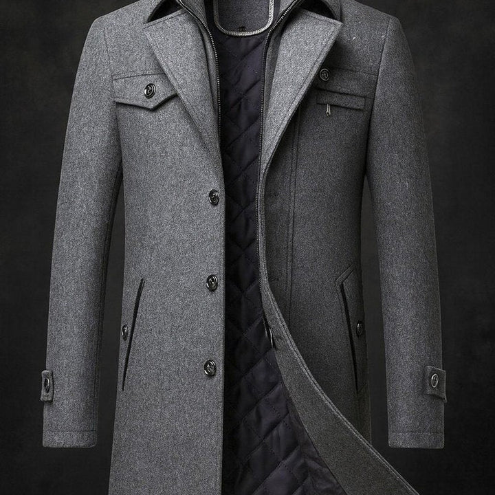 Mens Wool Coat Double-Collar Quilted-Lined Overcoat