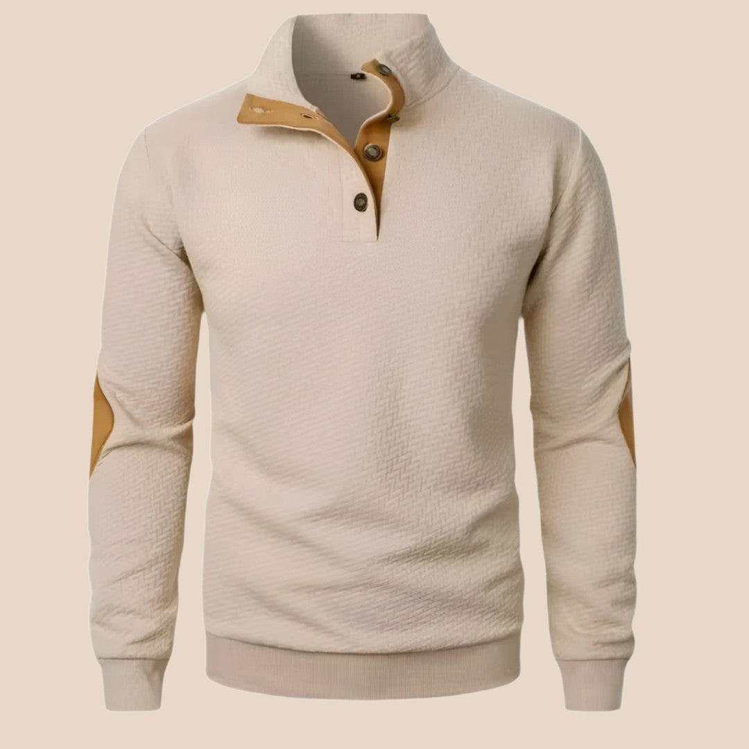 Stand Collar Button-Placket Sweater with Contrast Elbow Patches