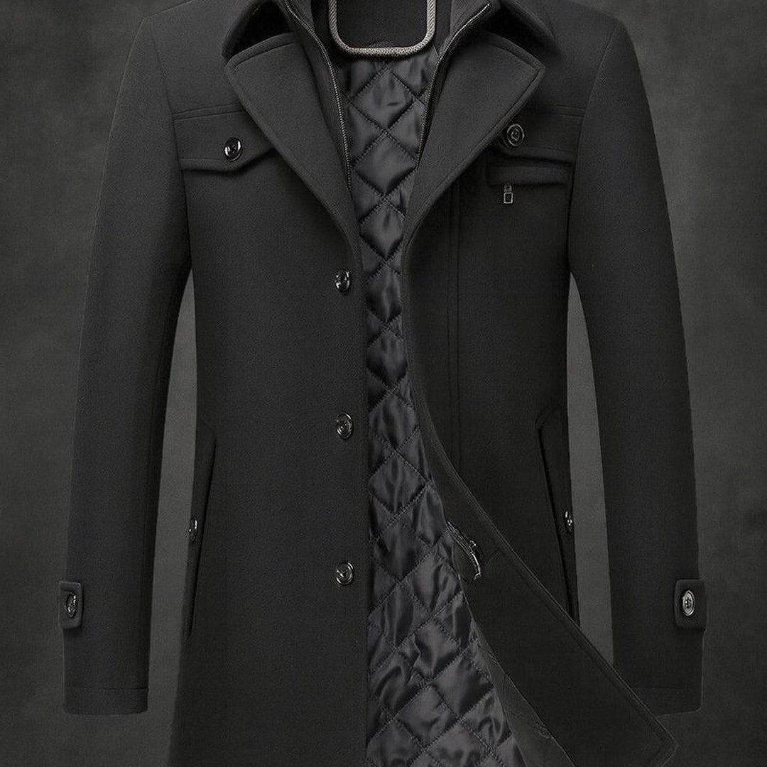 Mens Wool Coat Double-Collar Quilted-Lined Overcoat