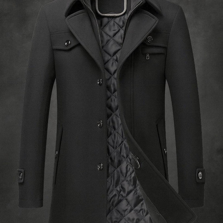 Mens Wool Coat Double-Collar Quilted-Lined Overcoat