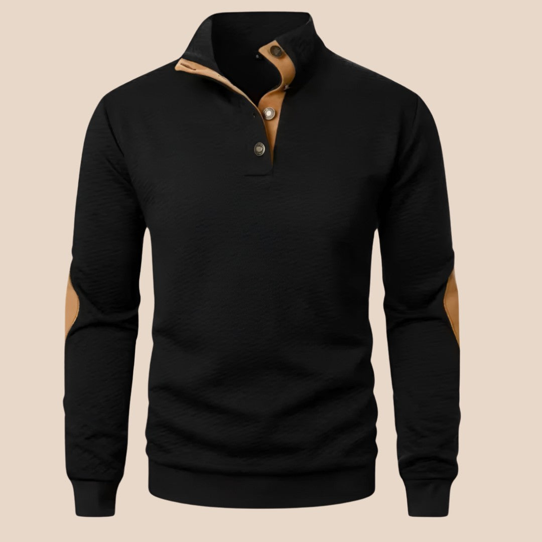 Stand Collar Button-Placket Sweater with Contrast Elbow Patches