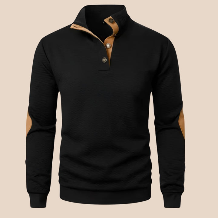 Stand Collar Button-Placket Sweater with Contrast Elbow Patches