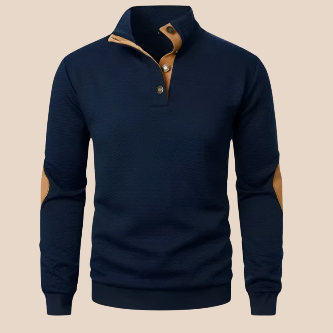 Stand Collar Button-Placket Sweater with Contrast Elbow Patches