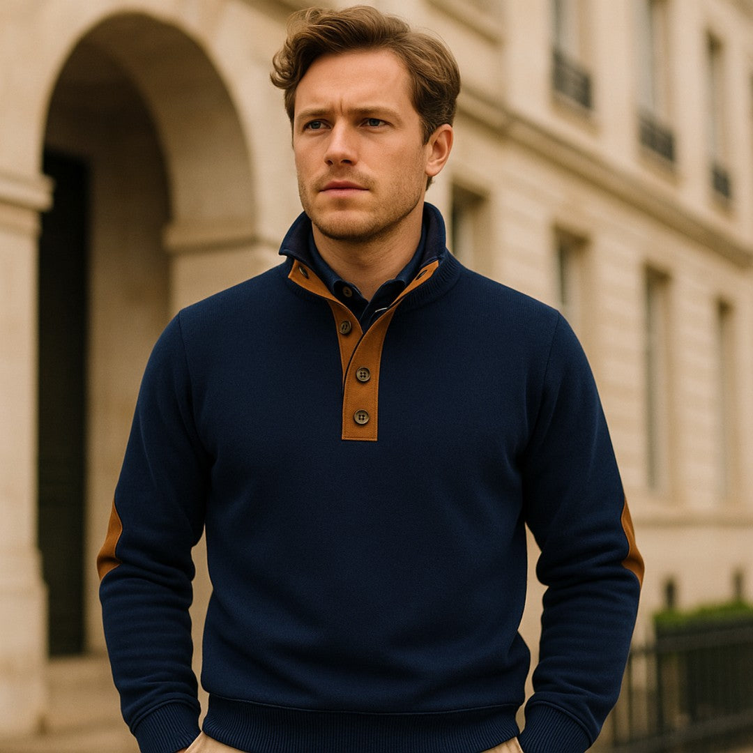 Stand Collar Button-Placket Sweater with Contrast Elbow Patches