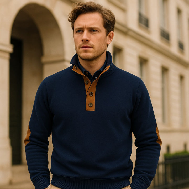 Stand Collar Button-Placket Sweater with Contrast Elbow Patches