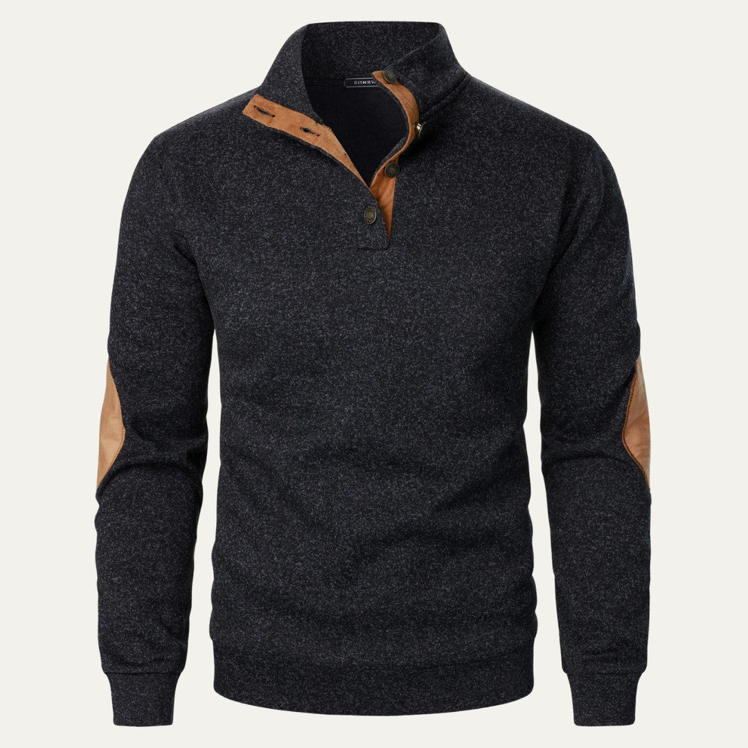 Fleece Stand Collar Sweater with Suede-Look Elbow Patches