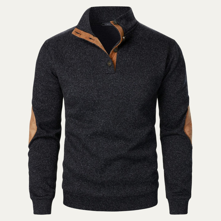 Fleece Stand Collar Sweater with Suede-Look Elbow Patches
