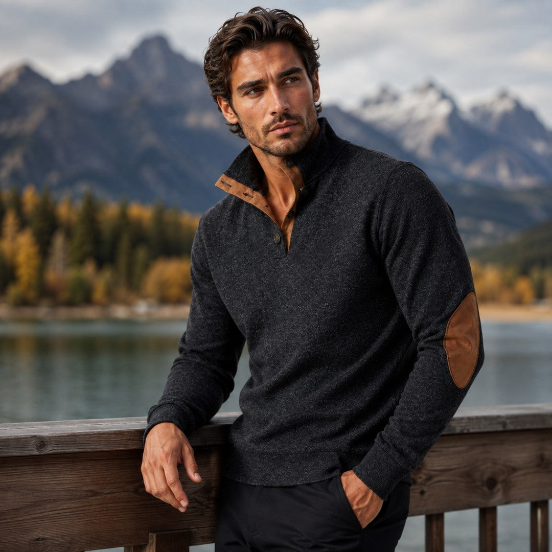 Fleece Stand Collar Sweater with Suede-Look Elbow Patches