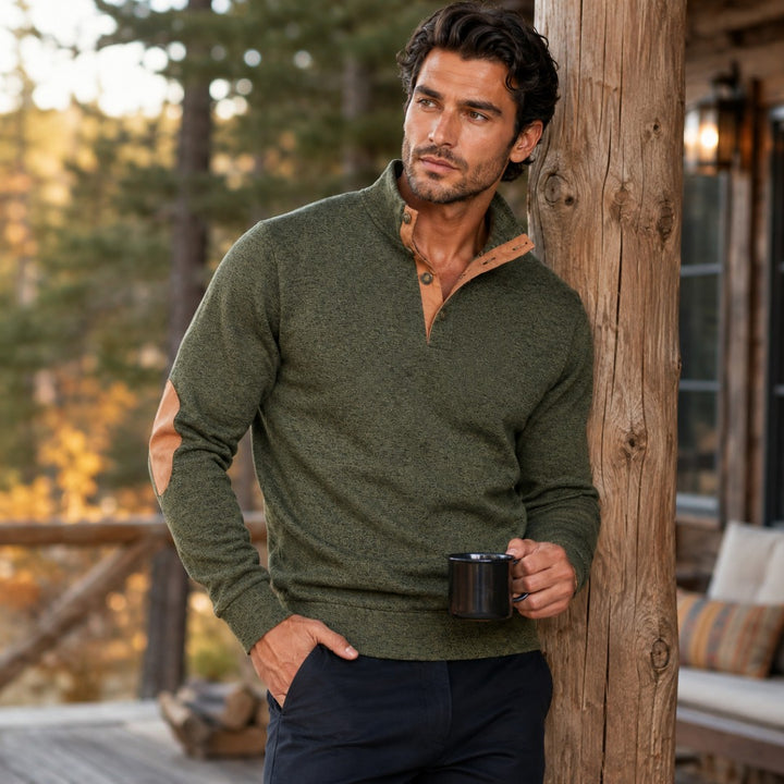 Fleece Stand Collar Sweater with Suede-Look Elbow Patches