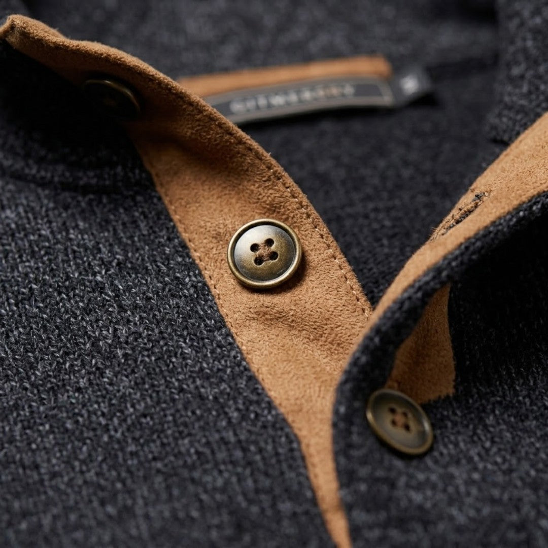Fleece Stand Collar Sweater with Suede-Look Elbow Patches