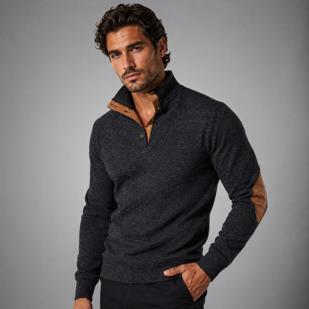 Fleece Stand Collar Sweater with Suede-Look Elbow Patches
